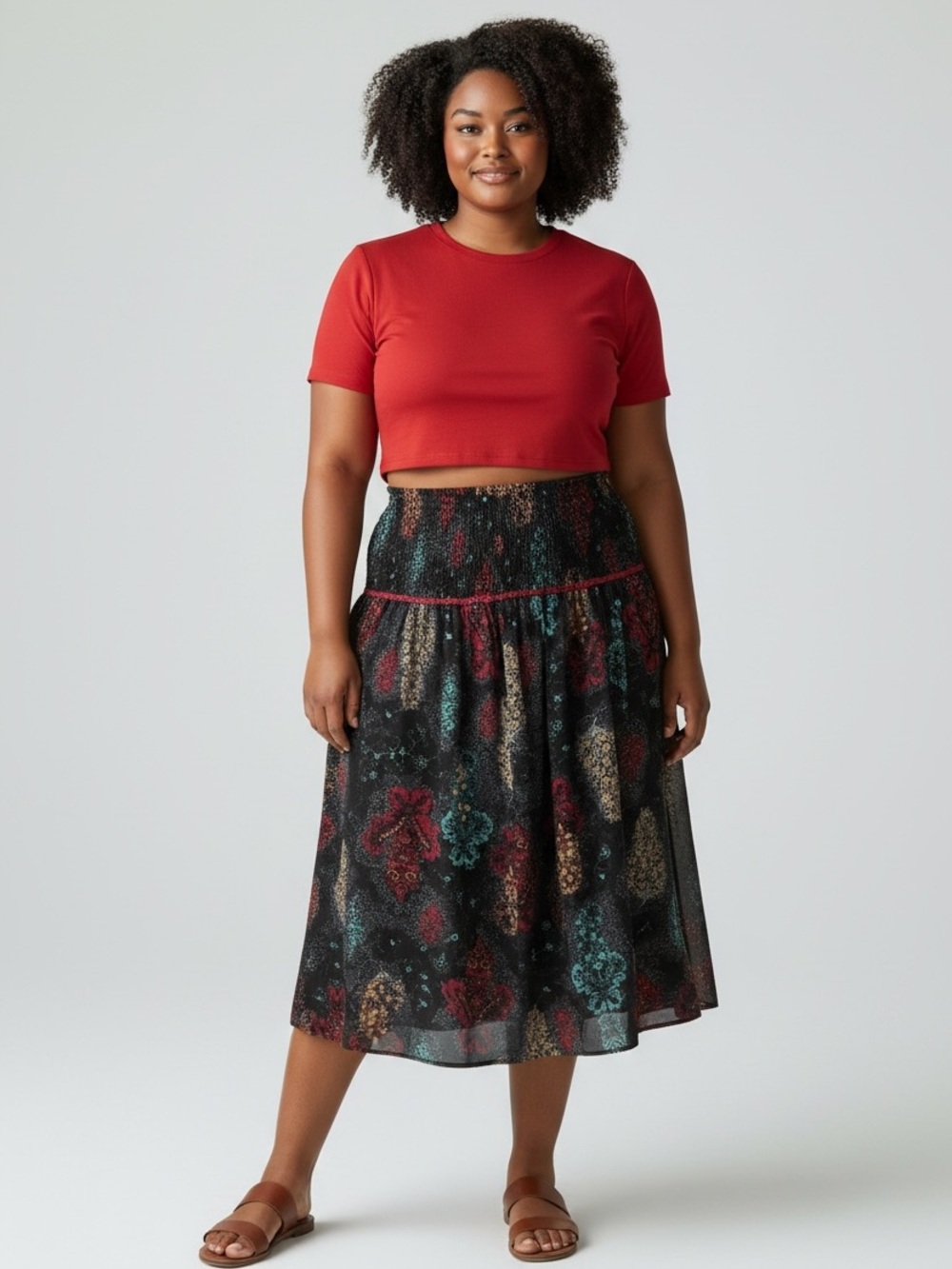 Coldwater Creek Black Multi-Color Floral Smocked Waist Midi Skirt size 2X